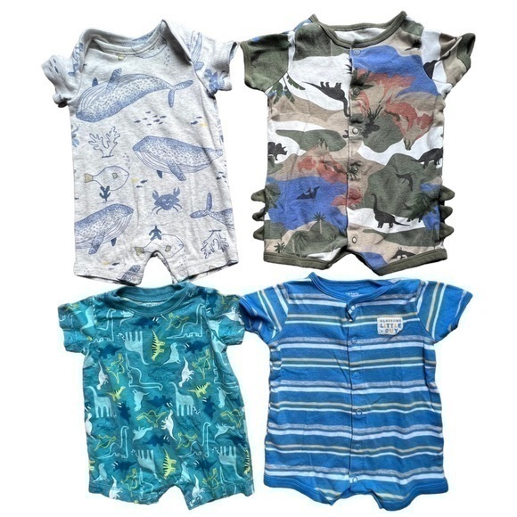 Lot of 4 Carter’s shorty rompers for baby boy - Dinosaurs, Fish, etc - 3 months - Picture 1 of 12